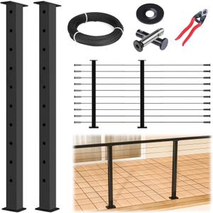 Muzata 5-10FT Modular Black Cable Railing Kit 36 Inch 2 Level Post Kit Complete Set Cable Railing System for Decks Length Adjustable Easy DIY with Paper User Guide (No Handrail) RWS2 BH4S