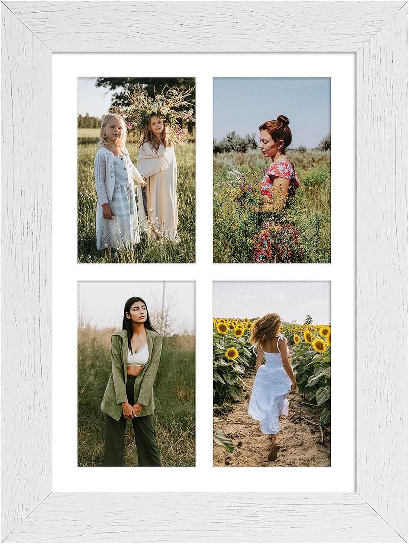 9x13 Picture Frame Display 4 opening 4X6 Picture Frame Collage,Multi Photo Frame with Mat,Plexiglass,Wall or Tabletop Decor,Distressed White Wood Grain