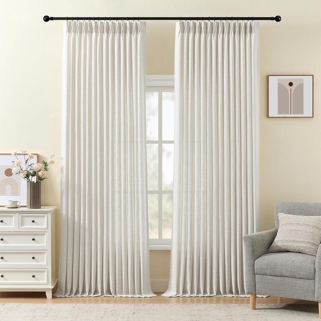 Pinch Pleated Linen Curtains 96 Inches Long for Living Room, Thick Semi Sheer Light Filtering Memory-Trained Back Tab Drapes, Natural Pinch Pleat Curtain with Hooks Rings for Bedroom Office, 2 Panels