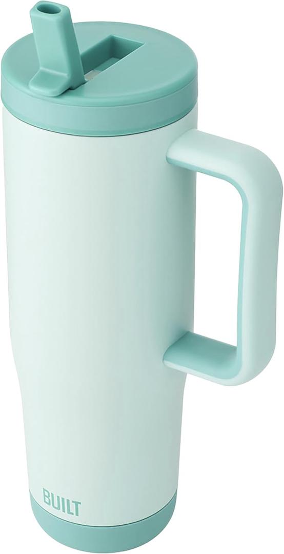 Built 40 oz Cascade Flip Straw Tumbler, Double Wall Insulated Bottle, Gym & Sport Bottles - Stainless Steel & Straw Lid, Leak-Proof, Soft Bumper Base, Portable BPA-Free (Mint)