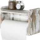 MyGift Farmhouse Paper Towel Holder, Shabby Whitewashed Wood Farmhouse Wall Mounted Kitchen Napkin Dispenser Rack with Top Storage Shelf Spice Racks