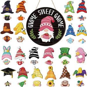 Wenqik 41 Pcs Interchangeable Sweet Gnome Signs Holiday Wooden Seasonal Gnome Decor Detachable Magnet Hat and Hand Welcome Sign for Home Decoration(Classical, Black)
