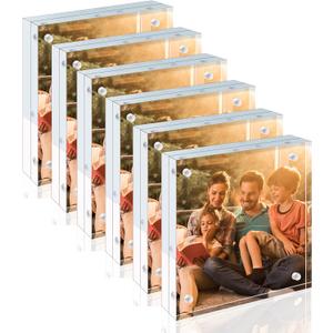 Egofine 5x5 Acrylic Frames 6 Pack,20mm Thicker Frameless Clear Picture Frames, Double Sided Magnetic Picture Frames, Free Standing Desktop Display