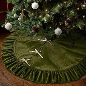 Vertintong 48 Inches Velvet Christmas Tree Skirt Olive Green with Gold Bow Fur Plush Tree Skirt Luxury Xmas Skirts for Merry Christmas Party Vintage Holiday Decorations