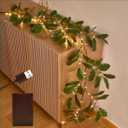Fudios Magnolia Lighted Garland with Timer 6FT 80 LED Fairy Lights Battery Operated or USB Plug in, Artificial Greenery Garland Lights for Spring Holiday Party Mantle Decoration