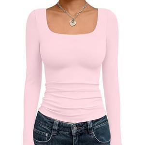 Trendy Queen Womens Square Neck Long Sleeve Double Lined Slim Fit Tops, Medium