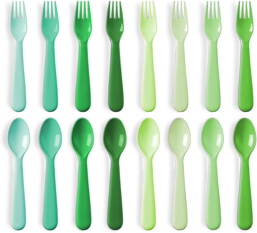 16 Pc Toddler Utensils Set - 8 Spoons 8 Forks for Kids, BPA Free Dishwasher Safe Reusable Plastic Silverware, Bright Colors Cutlery Set Children Flatware (GREEN)