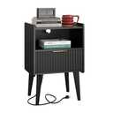 YAUKOMEL Fluted Nightstand with Charging Station, Modern Bedside Table with Drawer,Black Nightstand with Solid Wood Legs, End Table,Side Table for Living Room,Bedroom Black CTG57BKE