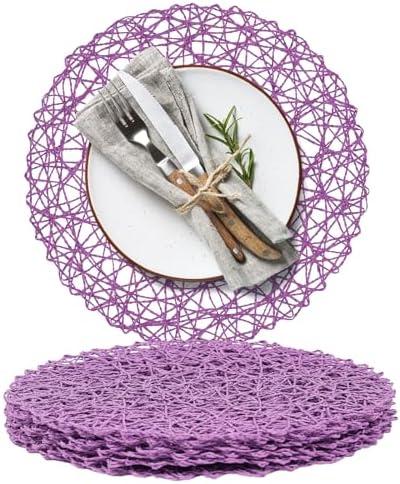 AHHFSMEI Paper Braided Round Placemats Set of 6 Natural Non-Slip Heat Resistant Table Mats for Dining Tables Woven Indoor Outdoor Place mats(Purple)