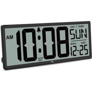 WallarGe 14.5'' Large Digital Wall Clock Battery Operated with Jumbo Numbers, Temperature and Date - Easy to Read and Set, Auto DST