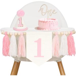 GCQQ Pink One High Chair Banner - Baby Girl First Birthday Decorations 1st Birthday Girls One Year Old Outfit Garlands with Wood Bead Tassel Conical Hat Cake Topper for Baby Shower Party Decoration