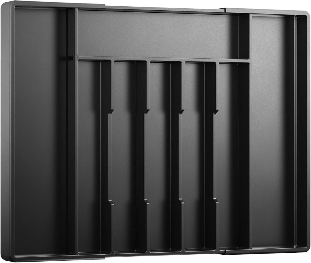 Kitsure Silverware Organizer for Drawers - Expandable Cutlery and Utensil Drawer Organizer with Easy Maintenance, Premium PP Kitchen Organizers and Storage for Flatware, Black, 20.3" x 13.8" x 1.6" (Large)