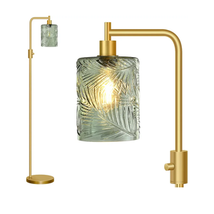 Upgraded Dimmable Glass Floor Lamp for Living Room, Modern Gold Standing Lamp with Green Feather Glass Lampshade & Knob Dimmer, Arc Tall Lamp for Bedroom Office Reading Room, 2700K Led Bulb Included