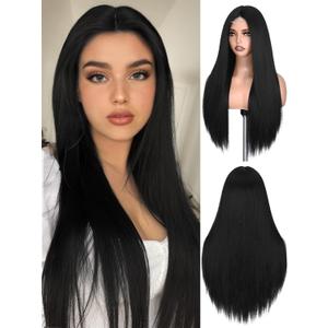 FAVE 26 Inches Black Wigs Straight Black Wig for Women Synthetic Long Black Wig Middle Part Cosplay wig for Party &Halloween Costume&Daily Use