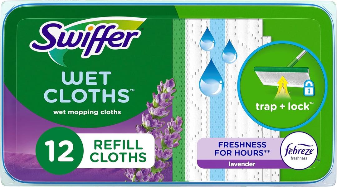 Swiffer Sweeper Wet Mopping Pad Refills for Floor Mop with Febreze Lavender Scent, 12 Count