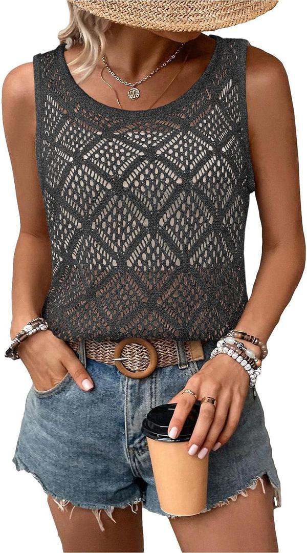 Bosmeer Women's Hollow Sweater Vest Crochet Tank Tops Knit Out Sleeveless Cover Up Summer Boho Top Pullover XL