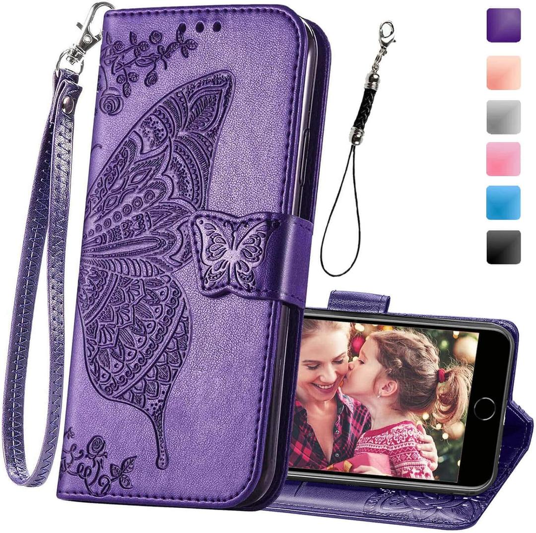 Wallet Case for iPhone SE 2020/SE 2022/iPhone 8/iPhone 7,Women Butterfly Embossed PU Leather Stand Card Slots Wrist Strap Flip Folio Cover for iPhone 6/6S/7/8/SE 2nd/SE 3rd Gen (Purple)