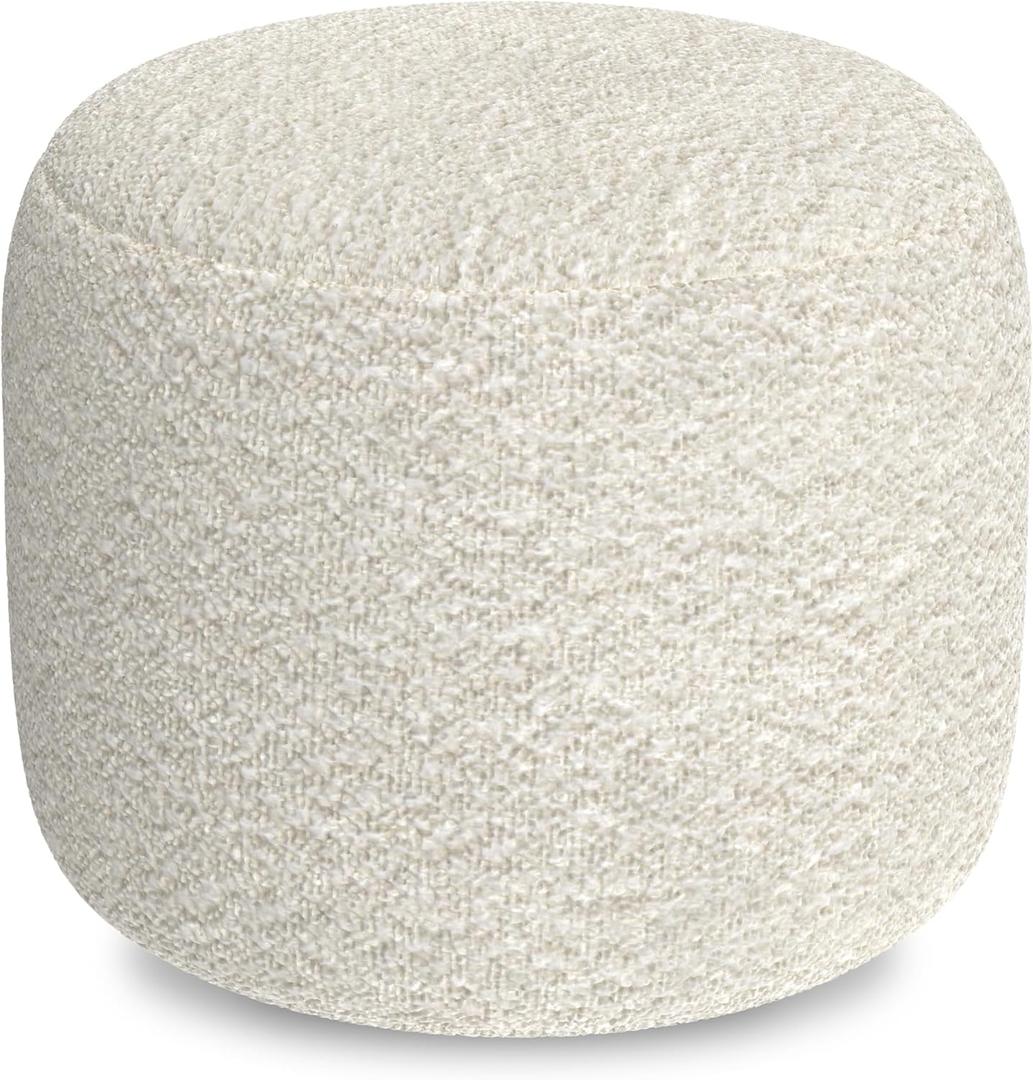 SIMPLIHOME Chantal Round Pouf - 18 inch Wide Upholstered Boucle Fabric Ottoman in White, Contemporary Footstool, Coffee Table or Extra Seating for Living Room or Bedroom, Assembled
