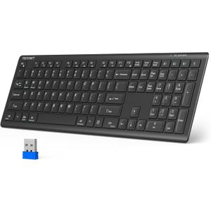 TECKNET Bluetooth Keyboard Rechargeable, 4-Device (2.4G+BT) Wireless Keyboard, Full Size Computer Keyboard with Stand, Ultra-Slim Quiet Typing, for PC/Laptop/Smart TV/Phone/Tablet, 12 Hotkeys (All Black)