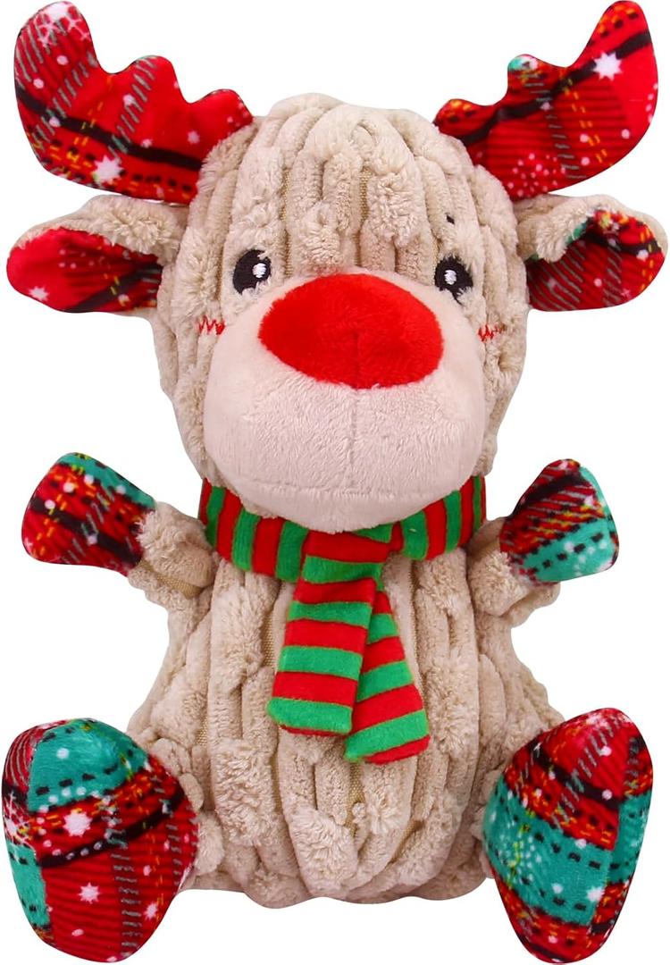 Christmas Dog Toys, Funny Squeaky Reindeer Toy with Crinkle Paper Attract Pets, Interactive Plush Chew Toys, Adorable Christmas Elk Dog Gifts for Small Medium Large Dogs (Beige)