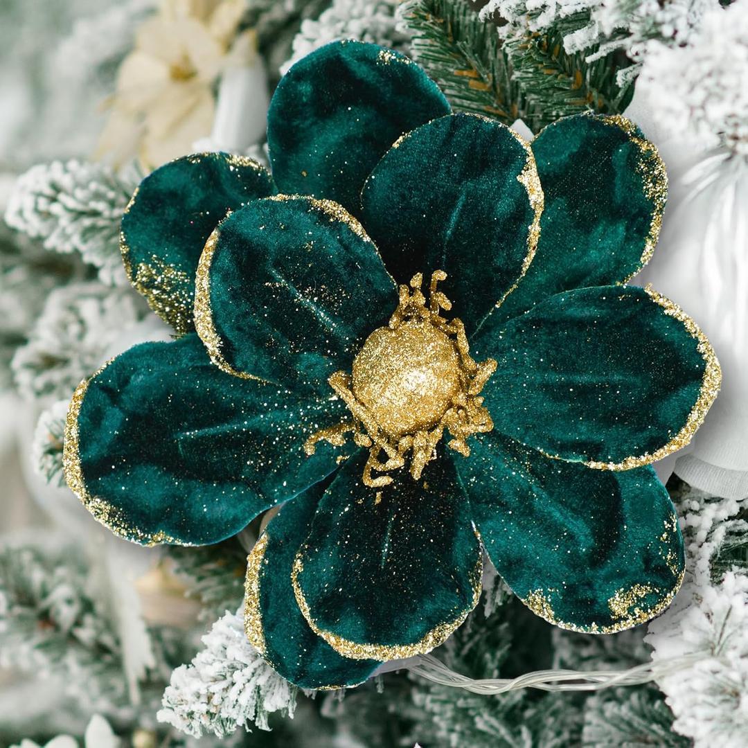 XunYee 10 Pcs Dark Green Velvet Christmas Glitter Flowers Magnolia Artificial Poinsettia Flower Christmas Tree Ornaments Velvet Floral Picks with Clips for Xmas DIY Wreath Decor, 6 Inch
