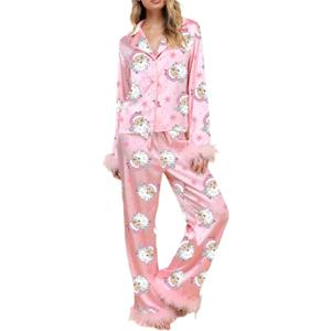 Women Christmas Pajama Sets Long Sleeve Button Down Fur Trim Shirt Matching Pants 2 Piece Lounge Set Sleepwear (X-Large, Pink)