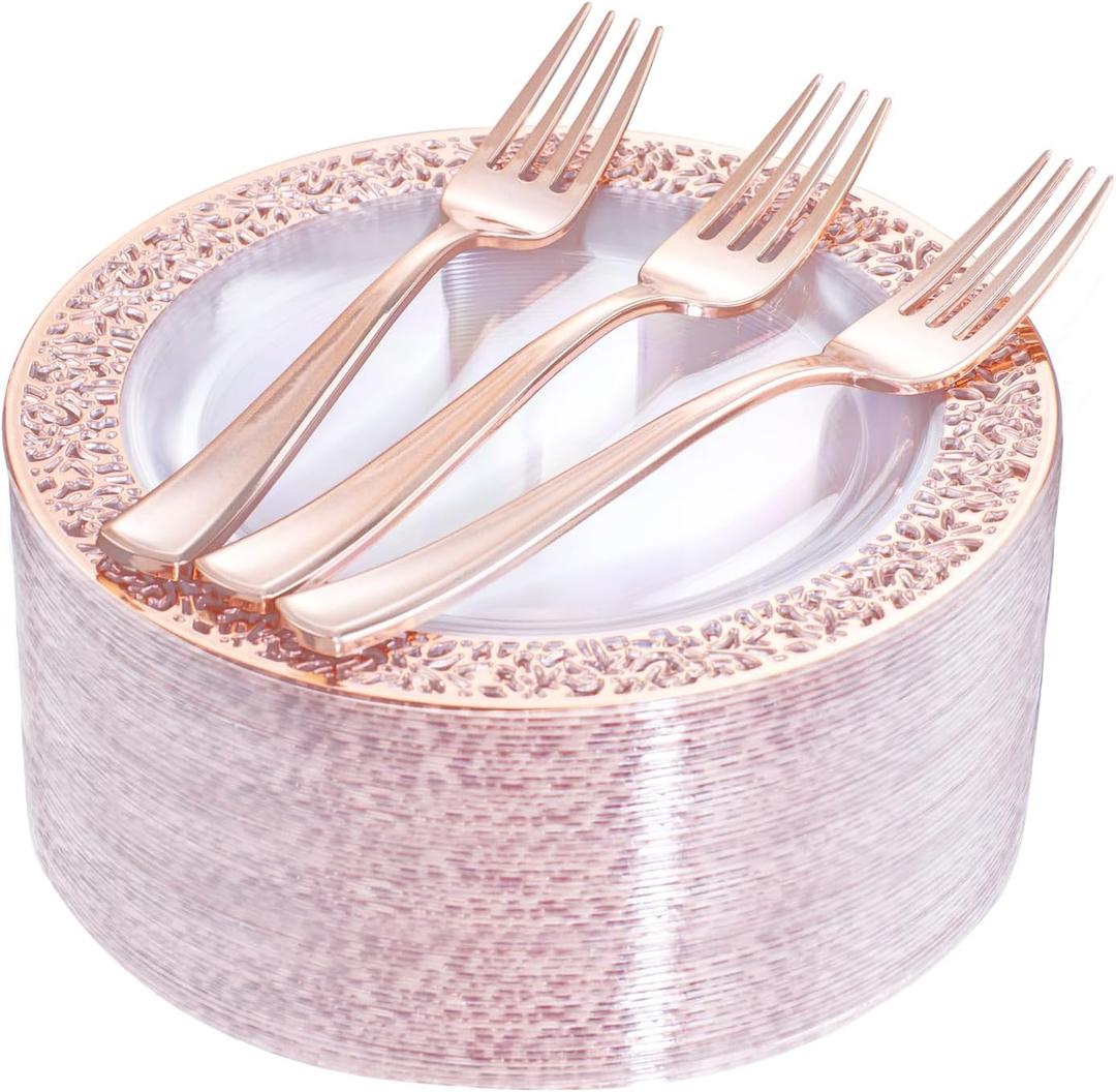 I00000 72 Pcs Rose Gold Dessert Plates 7.5" & 72 Pcs Disposable Forks 7.4", Lace Design Plastic Salad Valentine Plates, Plastic Appetizer Plates for all Holidays Perfect for Party & Wedding