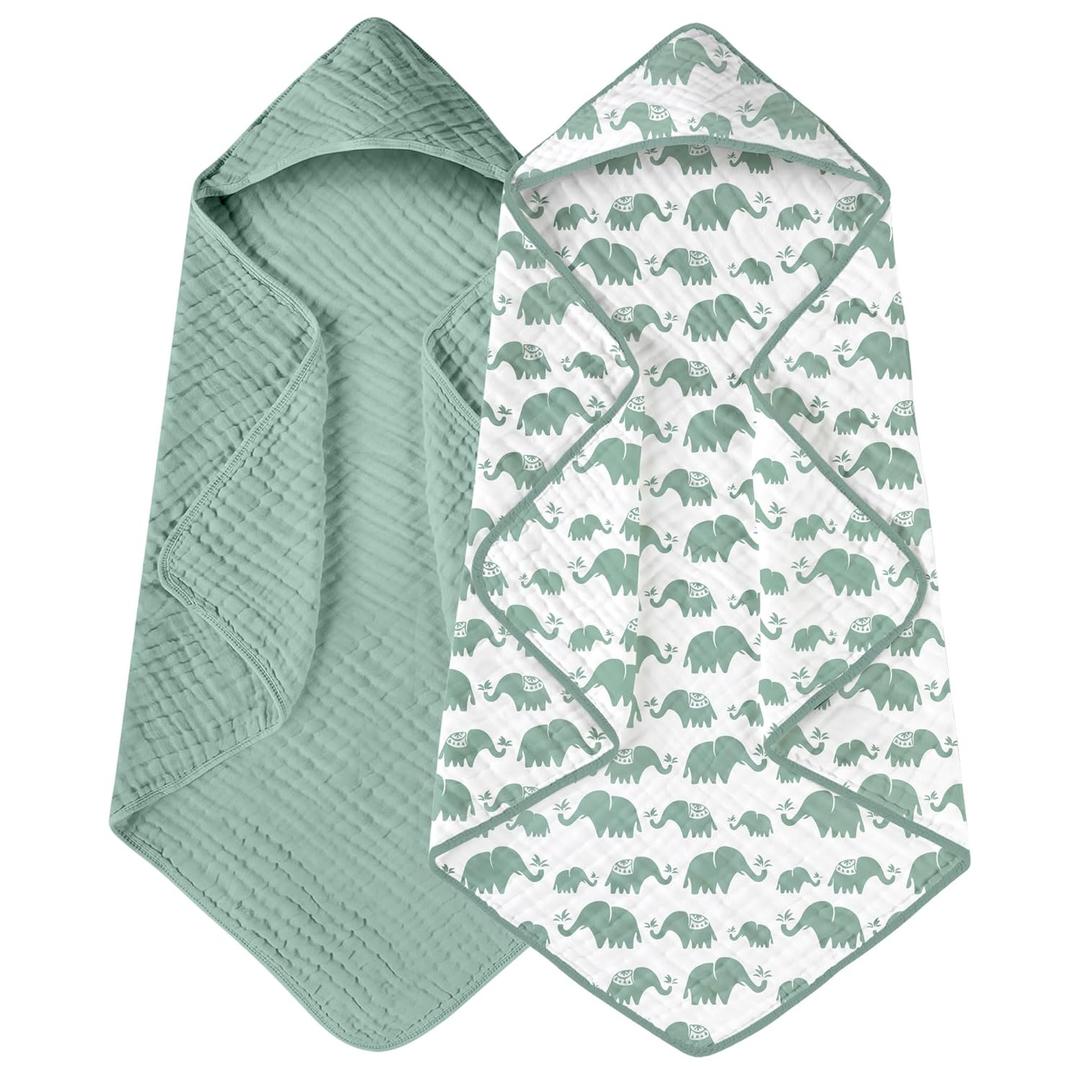 Yoofoss Hooded Baby Towels for Newborn 2 Pack 100% Muslin Organic Cotton Baby Bath Towel with Hood for Babies, Infant, Toddler and Kids, 32x32Inch, Soft and Absorbent Newborn Essential, Green Elephant
