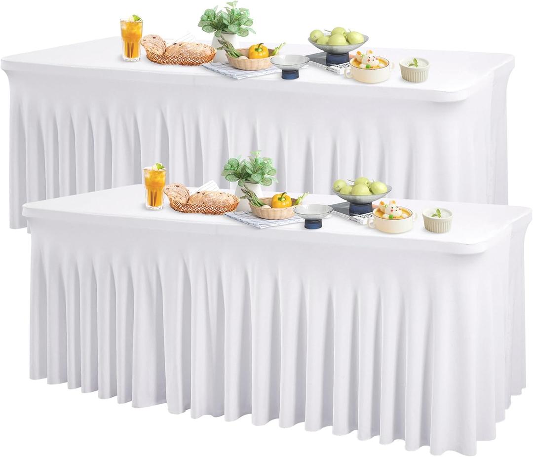 2 Pack White Spandex Table Clothes for 6 Foot Rectangle Tables, 6FT Wrinkle Free Fitted Tablecloths Ruffles Design Table Cover for Party, Banquet, Wedding and Events