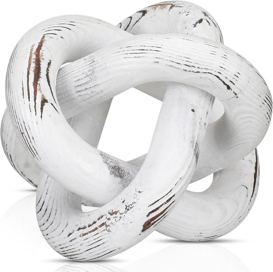 Yalikop 3 Link Wood Knot Decor - Hand Carved Coffee Table Decoration, Boho Chain Link Decor, Modern Shelf, Rustic Objects for Home Living Room Bedroom(Retro White)
