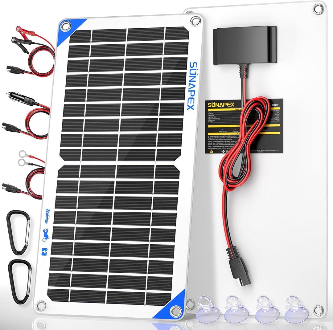 SUNAPEX 12V 10 Watt Solar Trickle Charger Maintainer - Waterproof Solar Powered Battery Charger - Solar Panel Kit Built-in Smart Charge Controller for Car Rv Trailer Truck Boat Automotive Marine (White)