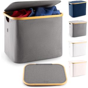 LONBET 13 Gal. Collapsible Laundry Baskets With Lid & Breathable Fabric Aesthetic Laundry Hamper with Bamboo Frame - Usable as Storage Bins with Lids, Efficient Sorting, Gray