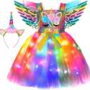 Cuteshower Unicorn Tutu Costume for Girls Halloween LED Light Unicorn Dress Birthday Party Outfit Princess Dress with Wings Rainbow (5-6 Years) 