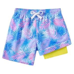 2 x  westwolf Boys Swim Trunks with Compression Liner Big Kids Boxer Briefs Leaf  Bathing Suit Beach Swimming Shorts Hawaiian Swimsuits Neon (10-12 Years)