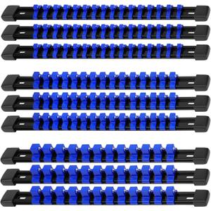 Socket Organizer Set 9-piece, 1/4-Inch x 48 Clips, 3/8-Inch x 45 Clips, 1/2-Inch x 36 Clips, Socket Rail Heavy Duty Holder with Socket Labels, Socket Organizer for Tool Box Drawer Blue (9Pcs)