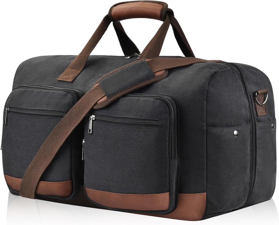 Duffle Bag for Travel, Canvas Travel Duffel Bags with Lay-Flat Design, Large Travel Duffle Overnight Weekend Gym Carry On Duffel Bag for Men & Women(Black)
