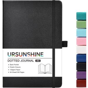 Dotted Journal/Notebook - Dot Grid Hard Cover Notebook, Premium Thick Paper with Fine Inner Pocket, Black Smooth Faux Leather, Pen Loop, 5.3''8.26'' - Black