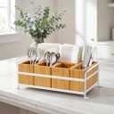 Bamboo Utensil Caddy with Handle - 5 Compartment Silverware Holder for Party & Kitchen Countertop - Removable Wooden Flatware Organizer for Picnic, BBQ, Buffet, RV & Outdoor Dining