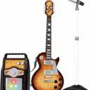 deAO Musical Guitar Play Set,Adjustable Height Microphone,Amplifier Set with Stand,Music Light Karaoke Music Toys Birthday for Kids Boys Girls, Brown 