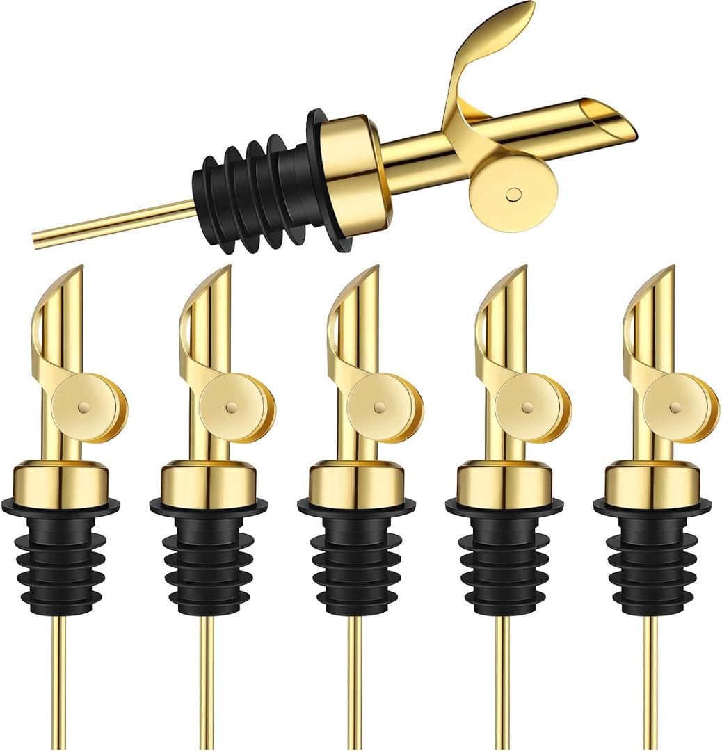 Kinlop 6 Pcs Weighted Stainless Steel Liquor Bottle Pourers Auto Flip Olive Oil Dispenser Spout Balsamic Alcohol Pourer Spouts (Gold)