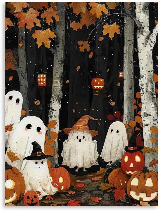 Fall Halloween Ghost Wall Art: Little Cute Ghosts Lighting Pumpkin Lamps and Partying in the Maple Grove Canvas Art Print for Dinging Room Living Room Decorations Modern Halloween 12 X 16 Inch Framed