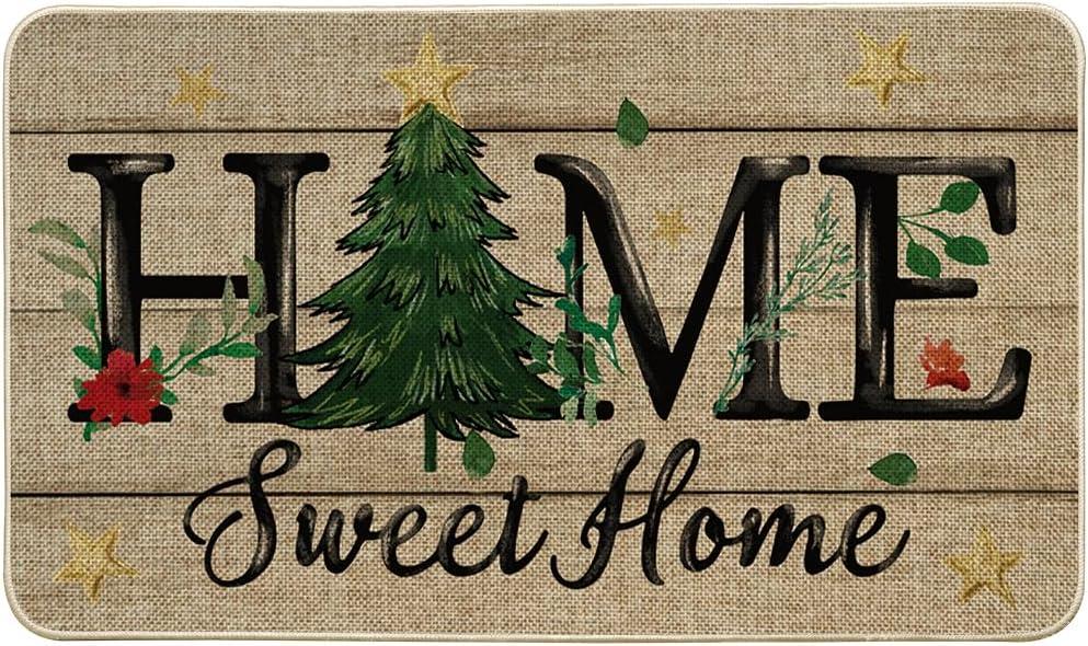 Artoid Mode Home Sweet Home Xmas Tree Christmas Doormat, Winter Low-Profile Switch Rug Home Decor Door Mat Floor Mat for Outdoor Indoor 17x29 Inch