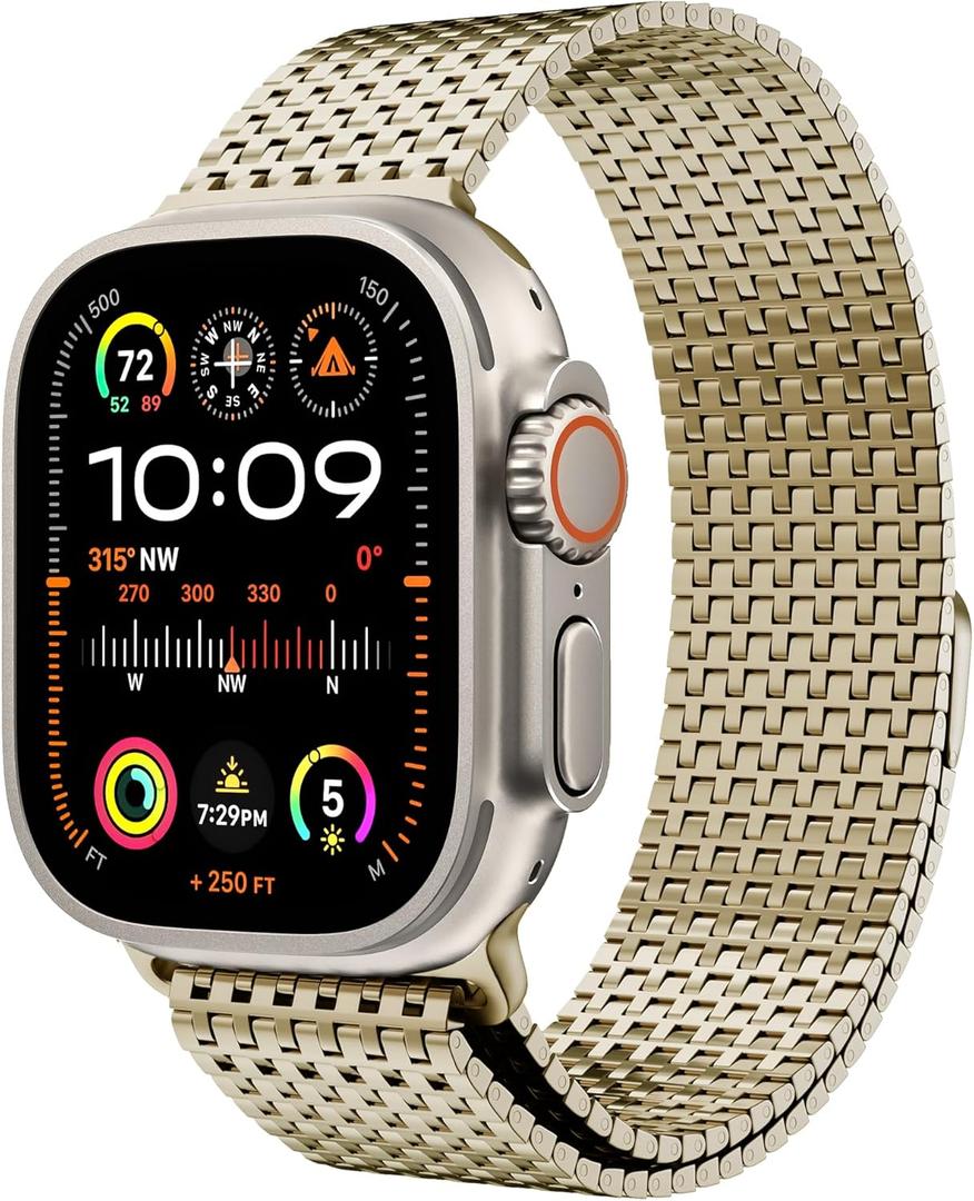 LULULOOK Milanese Mesh Loop Compatible with Apple Watch Band 49/46/45/44/42/41/40/38mm for Men Women, Stainless Steel Magnetic Buckle Strap for iWatch Ultra 3/2 Ultra Series 11 10 9 8 7 6 SE 5 4 3 (Light Gold)