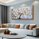 Large Wall Decor for Living Room Canvas Wall Art for Office Modern Wall Decorations for Bedroom Gold Accent White Flower Tree Landscape Painting Wood Frame Artwork Room Home Decor 24x48 in