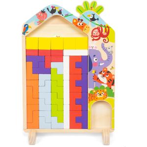 Wooden Puzzle Pattern Blocks Brain Teasers Game, 3D Russian Building Toy Wood Tangram Shape Jigsaw Puzzles Montessori STEM Educational Toys Gift for Kids