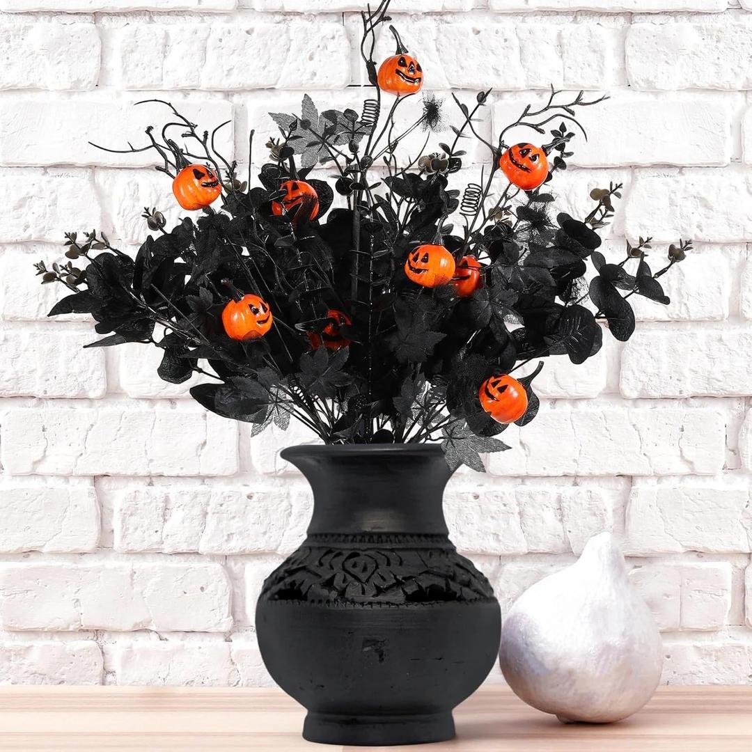 12 Pcs Halloween Decorations Artificial Flowers with Pumpkins, Maple Leaf Floral Stems Black Eucalyptus Halloween Centerpiece for Tables Vase Fillers Gothic Party Ornaments and Picks