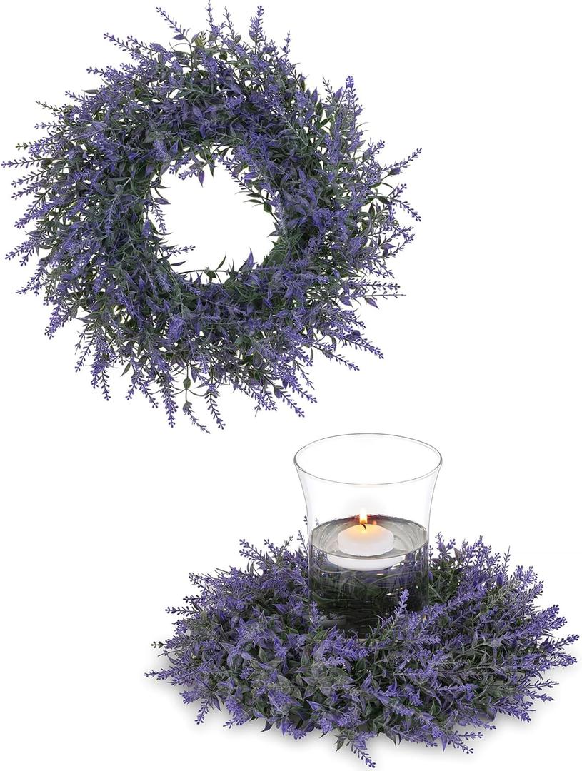 BLOSMON Fake Lavender Centerpieces Wreath: 2pcs 13 Inch Diam Purple Lavender Artificial Flowers Candle Rings Wreaths for Wedding Table Decoration - Faux Floral for Home Wall Window Decor