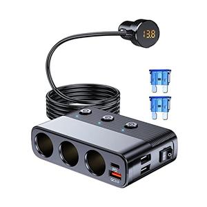 LIHAN 7-1 Cigarette Lighter Splitter,12V/24V Car Charger Adapter with 3 Socket Expander,PD30W Type-C,QC3.0 & Dual USB Ports,Independent Switches,Voltage Display,3.3FT Extension Cord fit Truck RV SUV