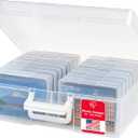 IRIS USA 4" x 6" Photo Storage Box Craft Keeper, Transparent Handle Container with 16 Organization Holder Cases for Pictures, Tasks, Scrapbooking, Stationery Storage, Clear