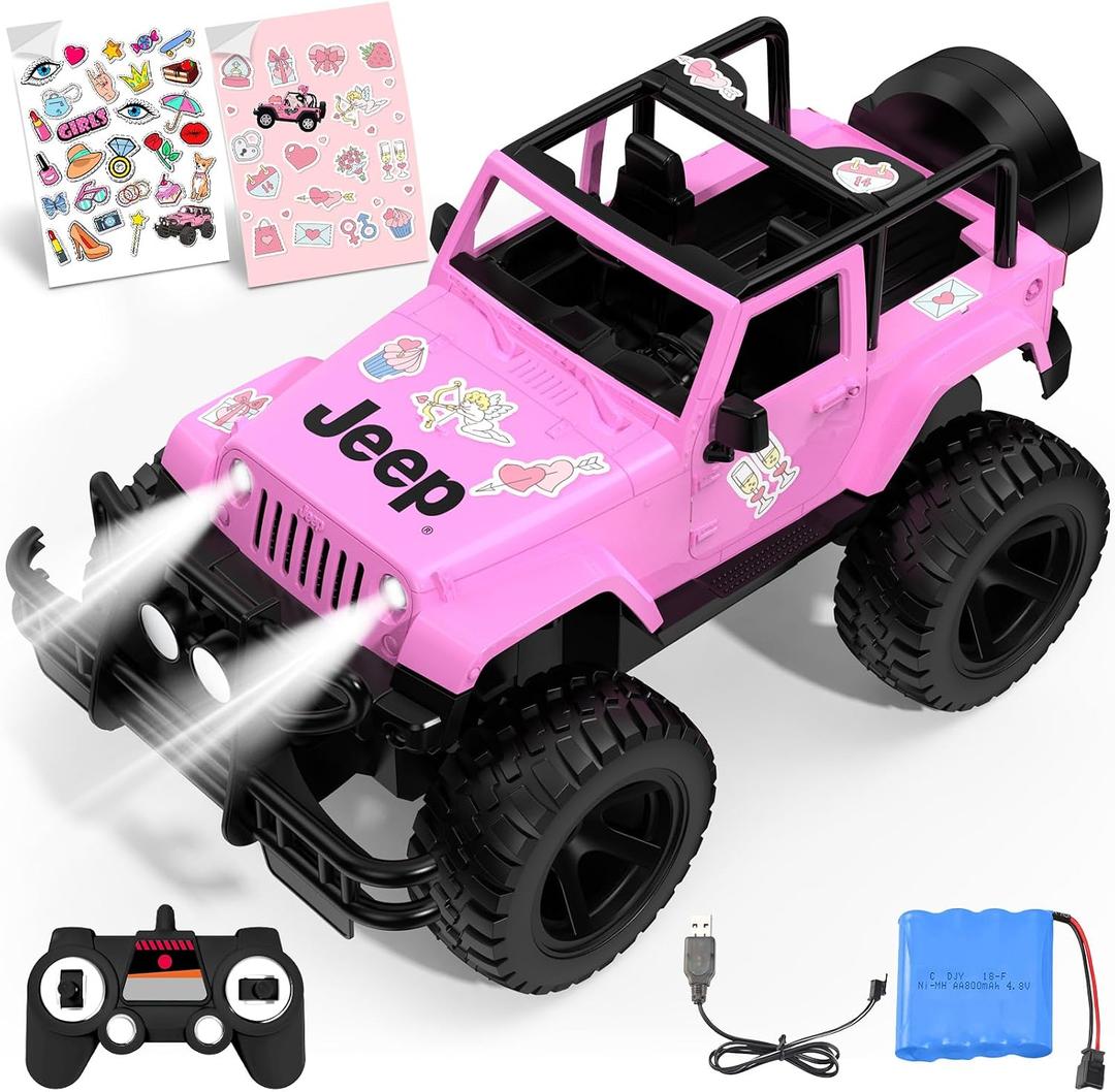 DOUBLE E Jeep Licensed 1:14 Scale Pink Remote Control Car for Girls with 2*DIY Stickers, Open-top Design RC Jeep, 80Min Play 2.4Ghz Off Road RC Trucks with LED Lights, Birthday/Xmas Gifts for Girls 6+
